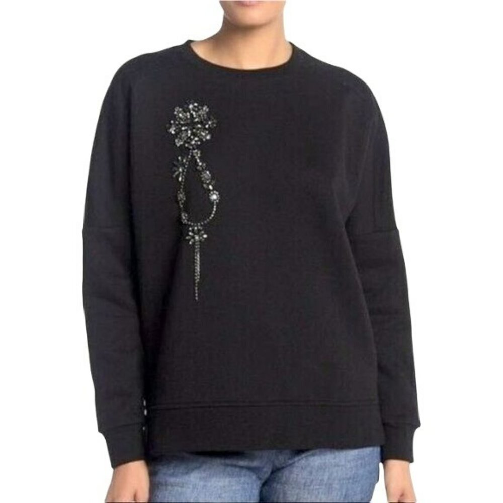 Elie Tahari Chantae Crystal Rhinestone Embellished Black Sweatshirt Medium